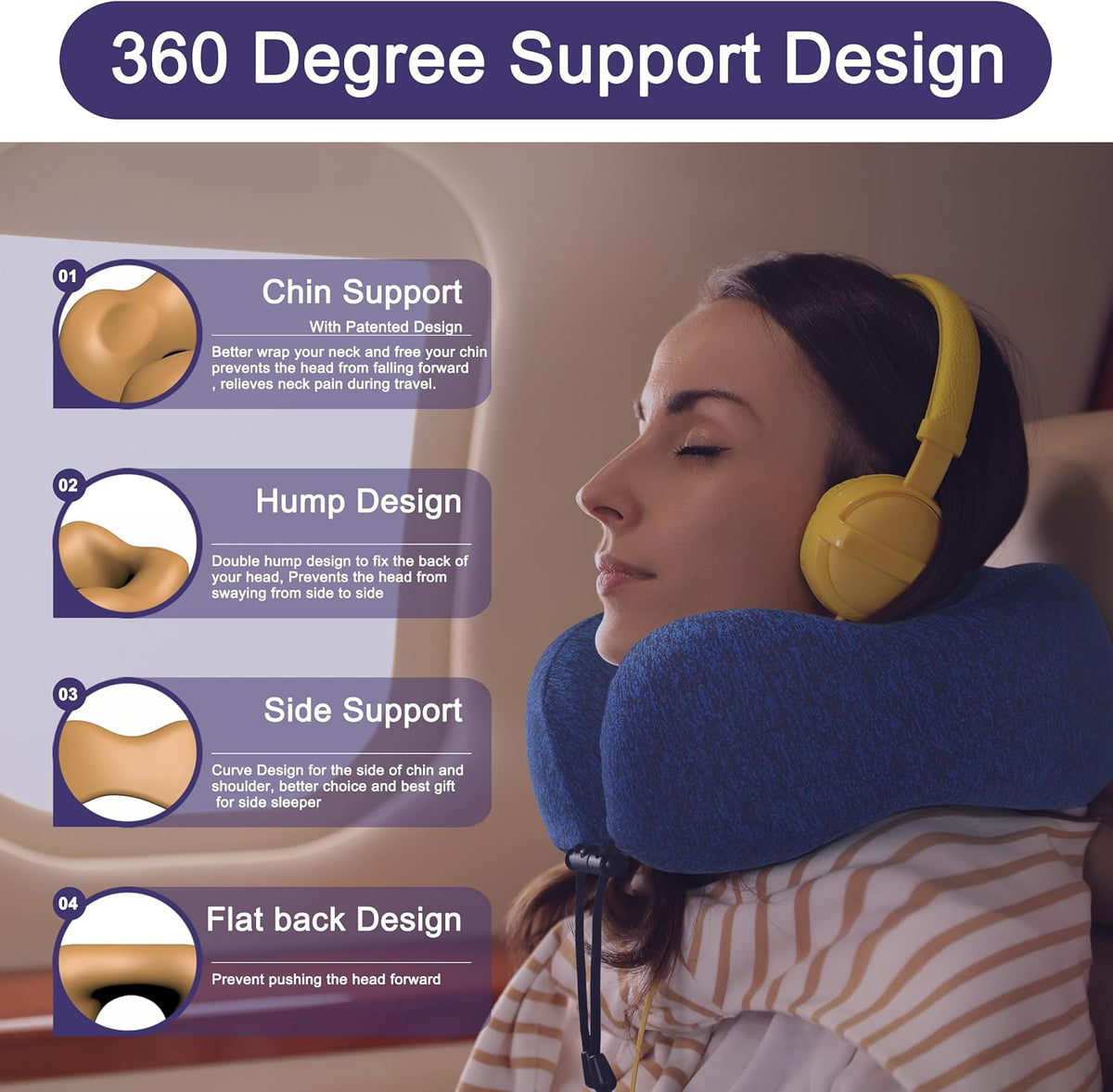 napfun Neck Pillow for Travel, Memory Foam Airplane Pillow, Full Dark Blue