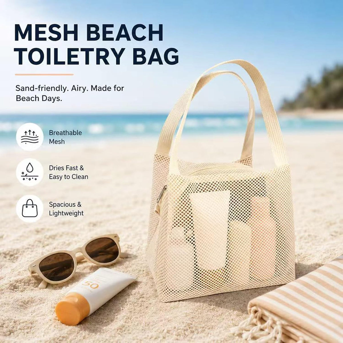 Zipper Mesh Shower Bag Portable Beach Tote for Trip Beach Gym