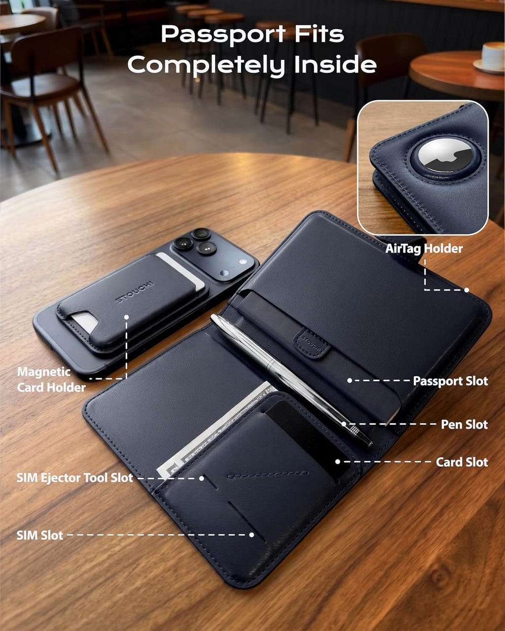 Stouchi Passport Holder with AirTag Slot, RFID Blocking Magnetic Case