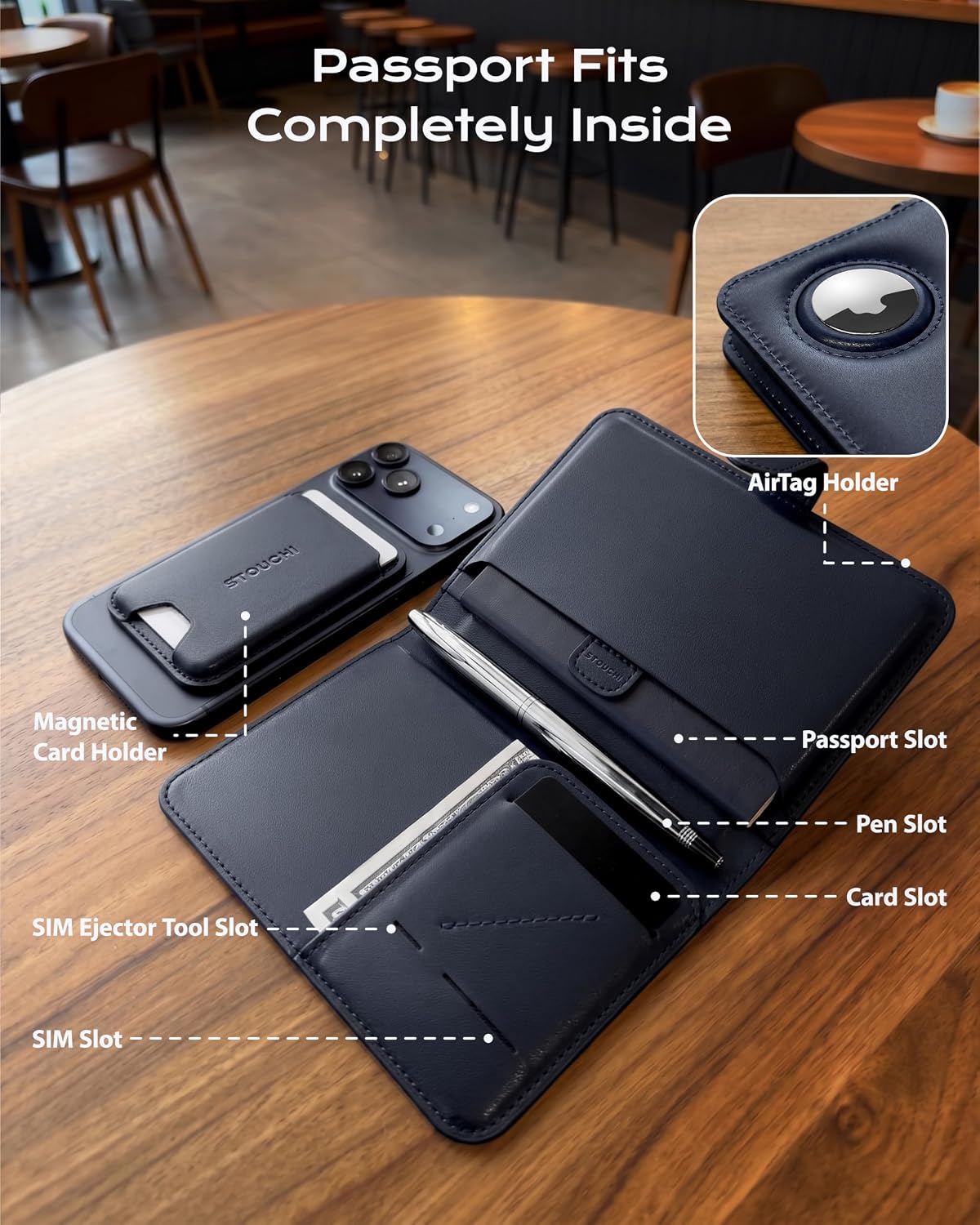 Stouchi Passport Holder with AirTag Slot, RFID Blocking Magnetic Case