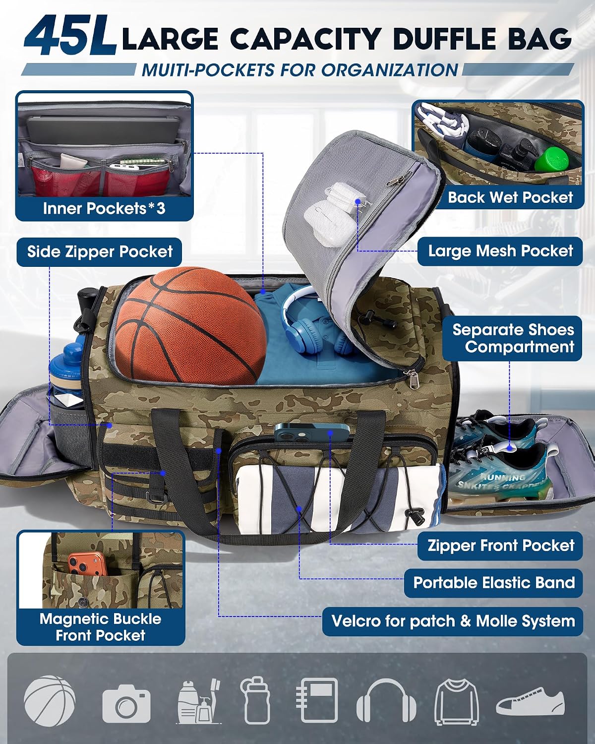 SDYSM Gym Bag for Men 45L, 3-in-1 Sports Duffel Bag with Shoe Compartment