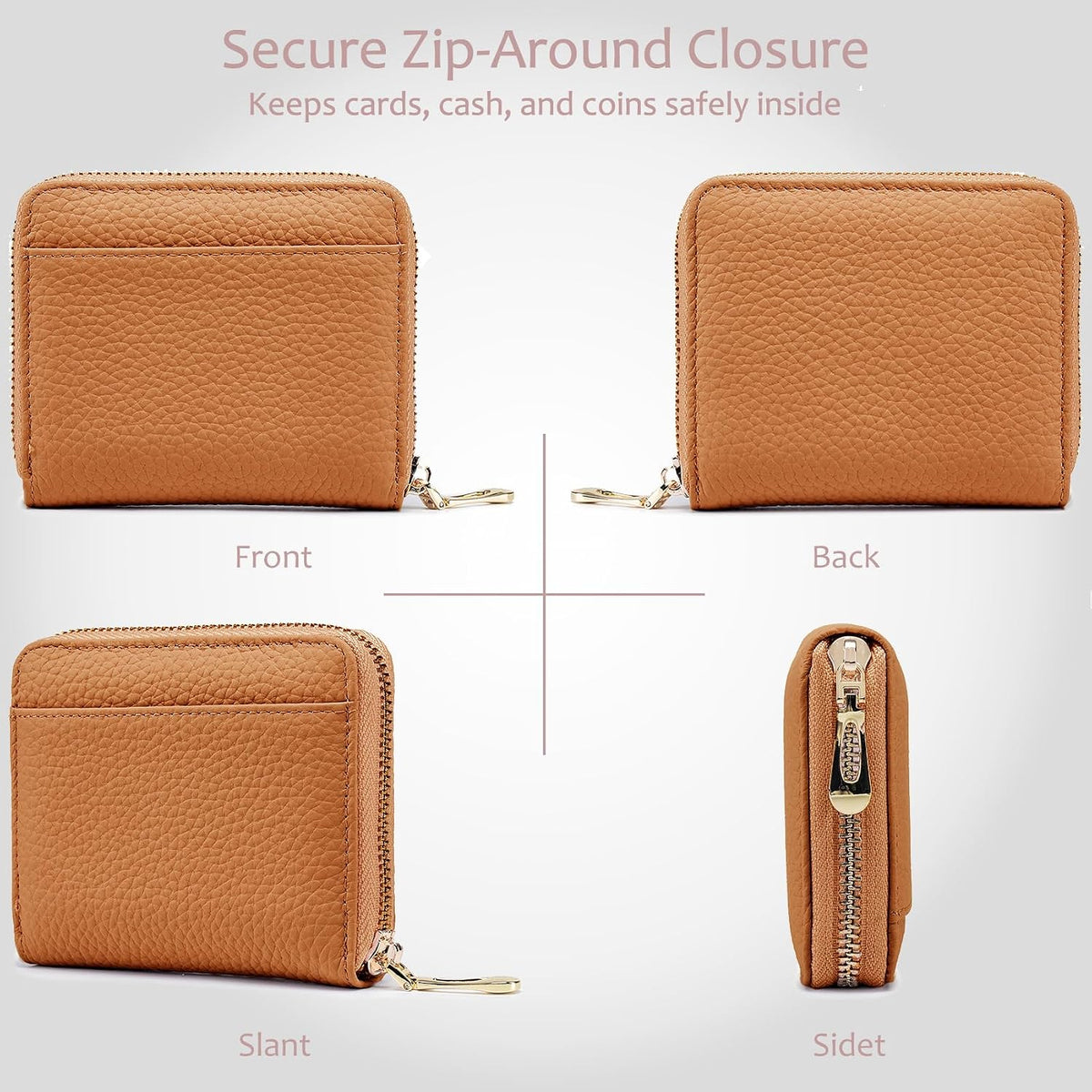 RFID Protective Leather Zipper Small Travel Wallets for Women