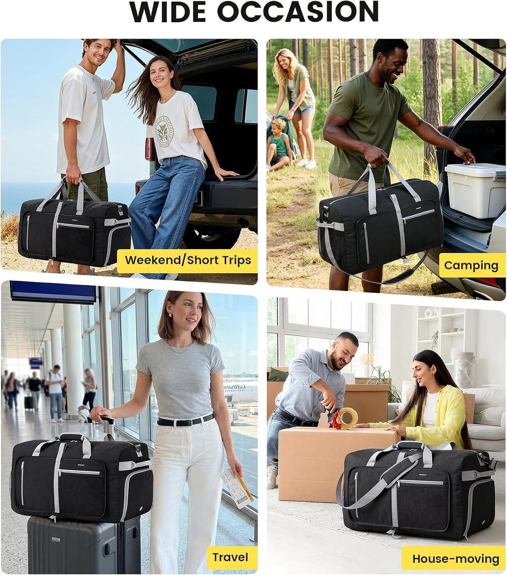 Vorspack 65L Foldable Duffle Bag for Travel with Shoe Compartment, Black