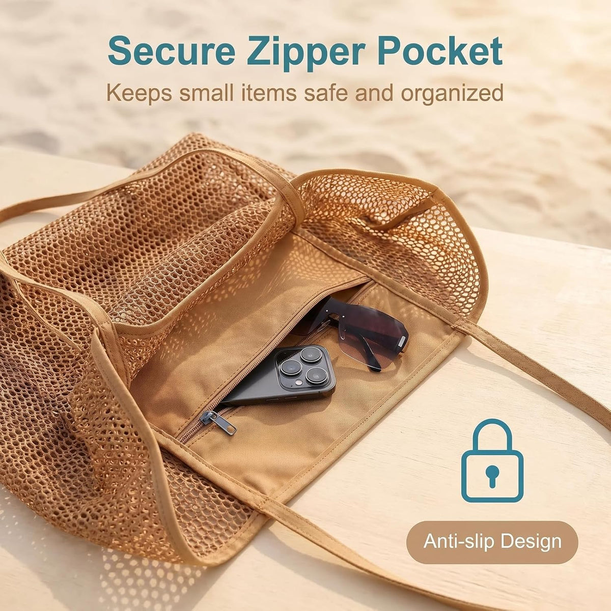 Women's Beach Bags, Lightweight Mesh Tote Bag, Sandproof Woven Shoulder Handbag with Zipper Pocket for Pool Travel