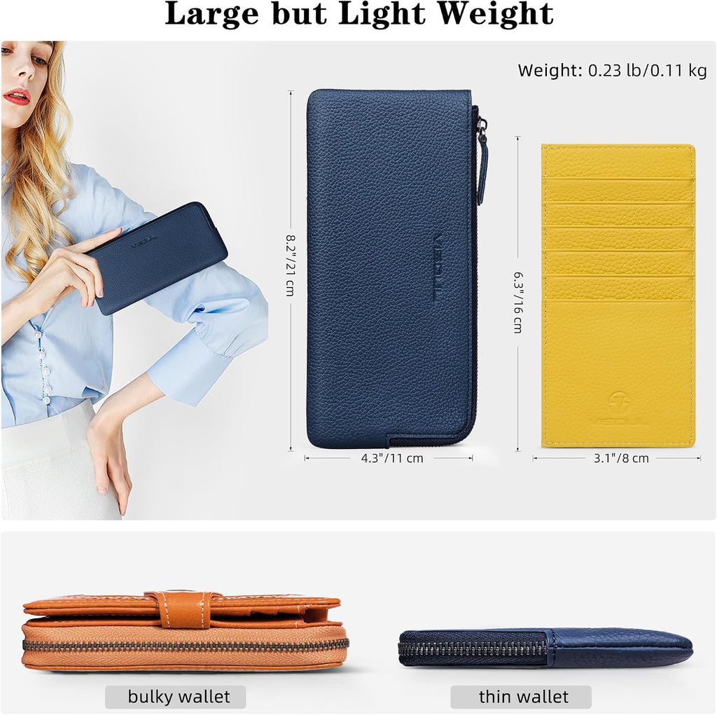 VISOUL Long Zipper Cash Wallet for Women with Removable Credit Card Holder Soft Genuine Pebbled Leather Contrast Color-Blue and Yellow