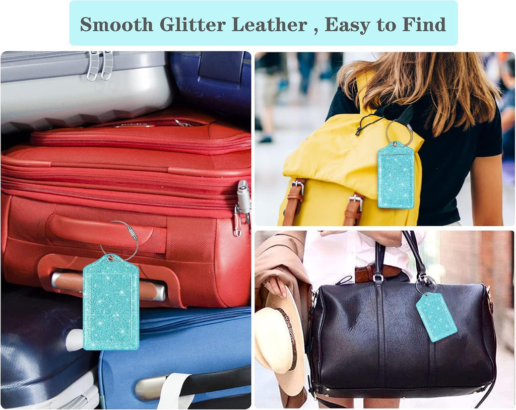 (2 Pack) Luggage Tags Glitter Leather Suitcase Tags Bag Bling Travel Tag