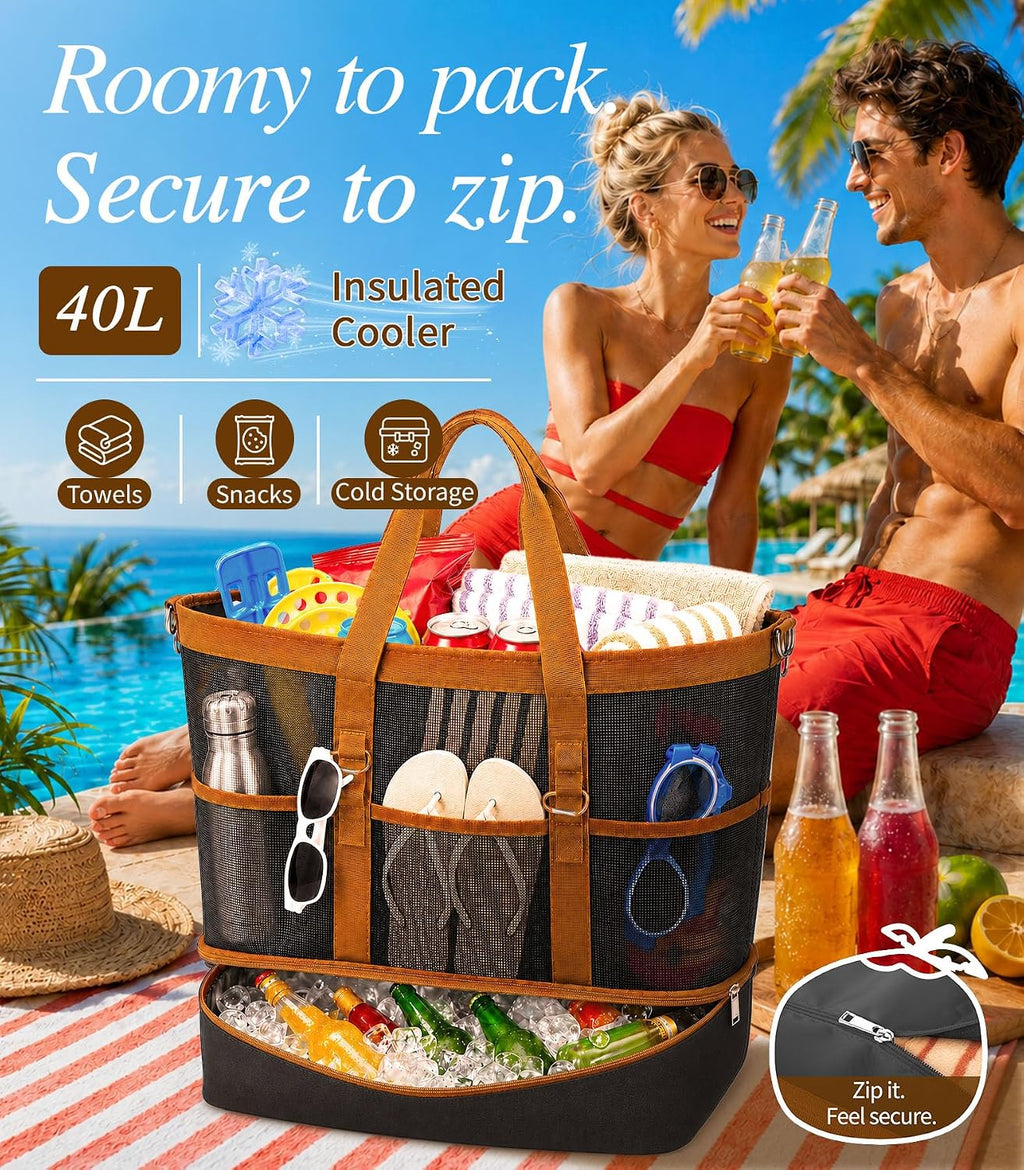 2-in-1 Mesh Beach Bag with Cooler for Women, Extra Large Beach Tote with Zipper, 11 Pockets, Adjustable Shoulder Strap