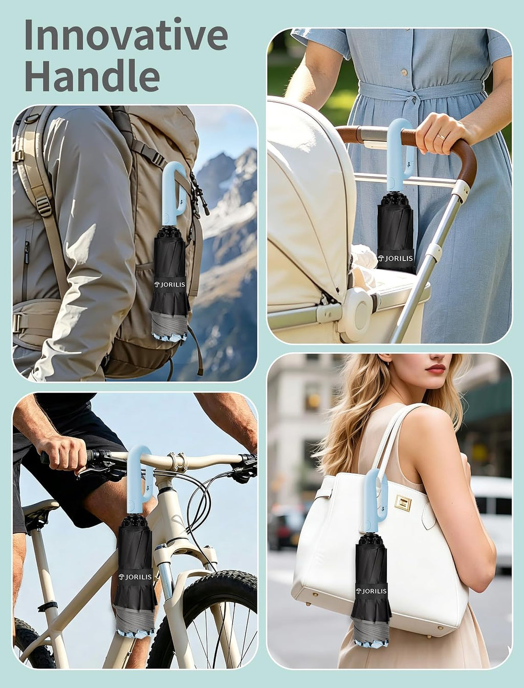 Jorilis Inverted Umbrella with Carabiner Handle, Windproof UV Sun & Rain
