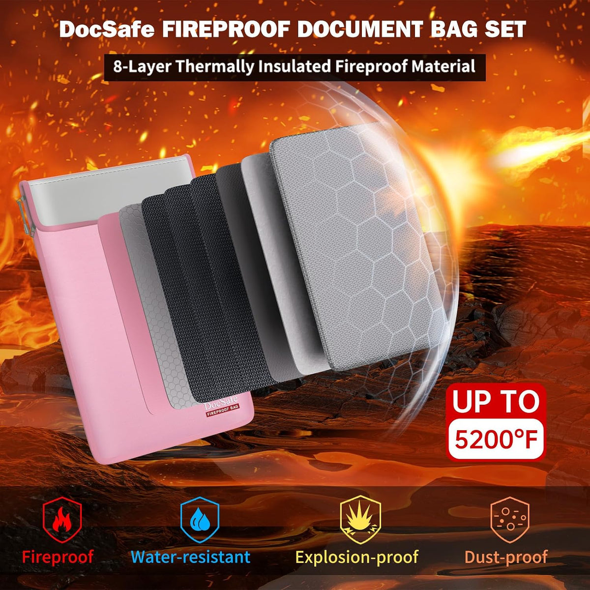 DocSafe Fireproof Document Bag (5200℉) with Fireproof Organizer Travel Case,Heat Insulated Fire＆Water Resistant 8 Layers Safe Money Bag Storage for Important Documents,Cash,Power Bank,Valuables,Pink