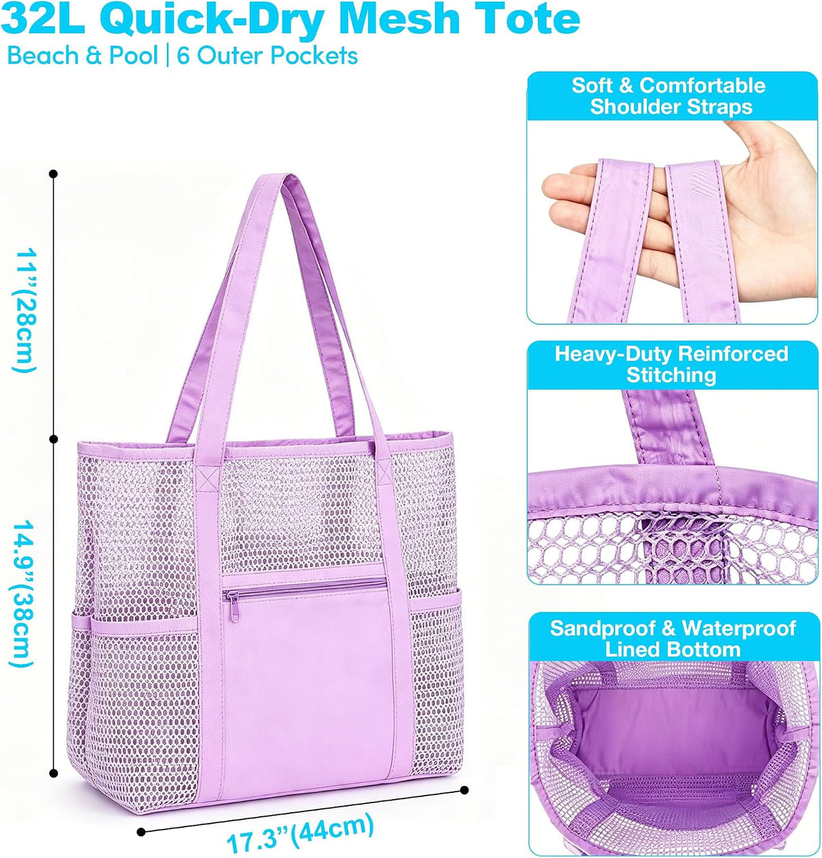 KELMALL XL Mesh Beach Tote, Sandproof Quick Dry Pool Vacation Bag