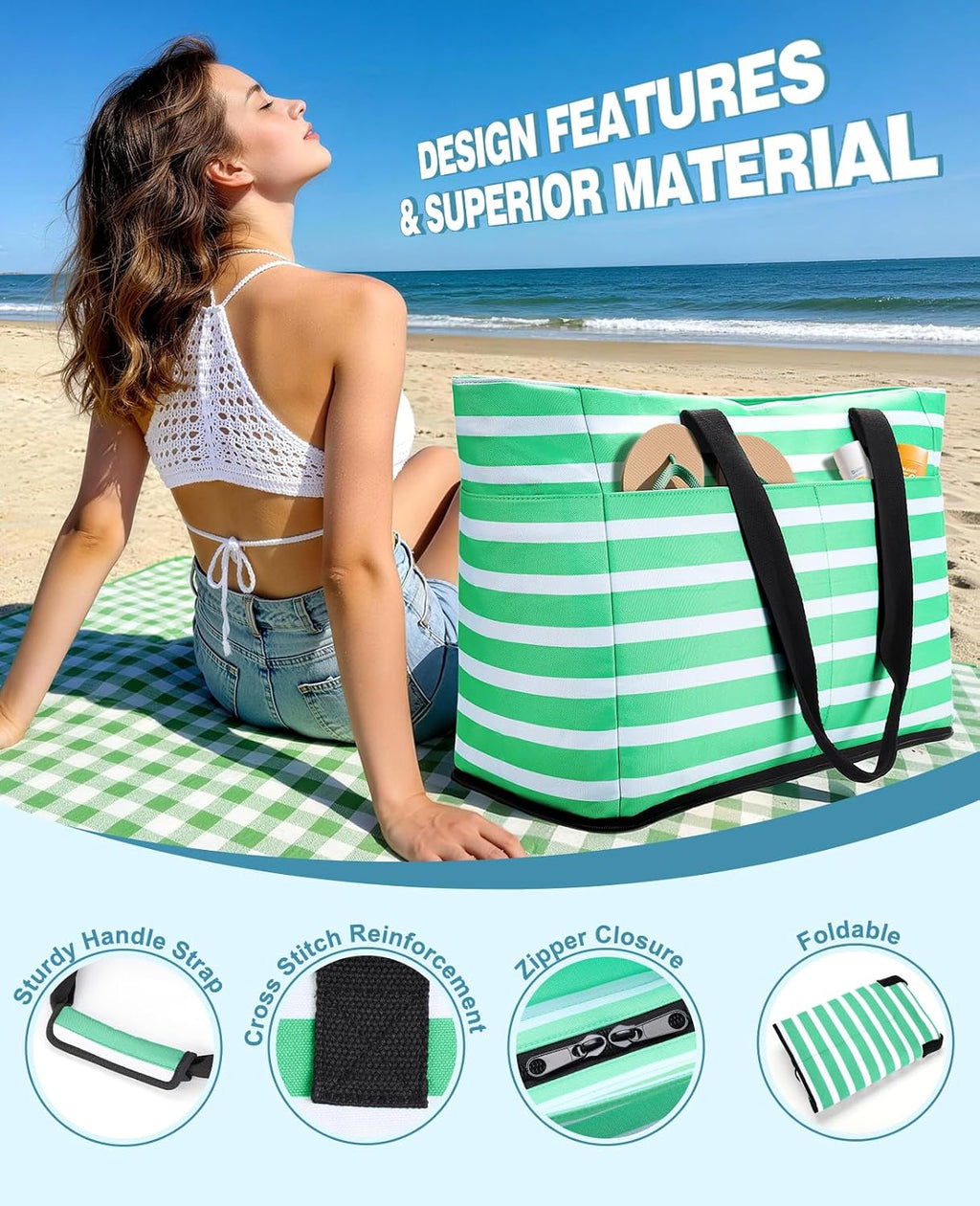 ISEYOU Beach Bag with Cooler, 49L Large Waterproof Sandproof Tote with Zipper, Foldable Travel Bag for Beach, Pool, Picnic