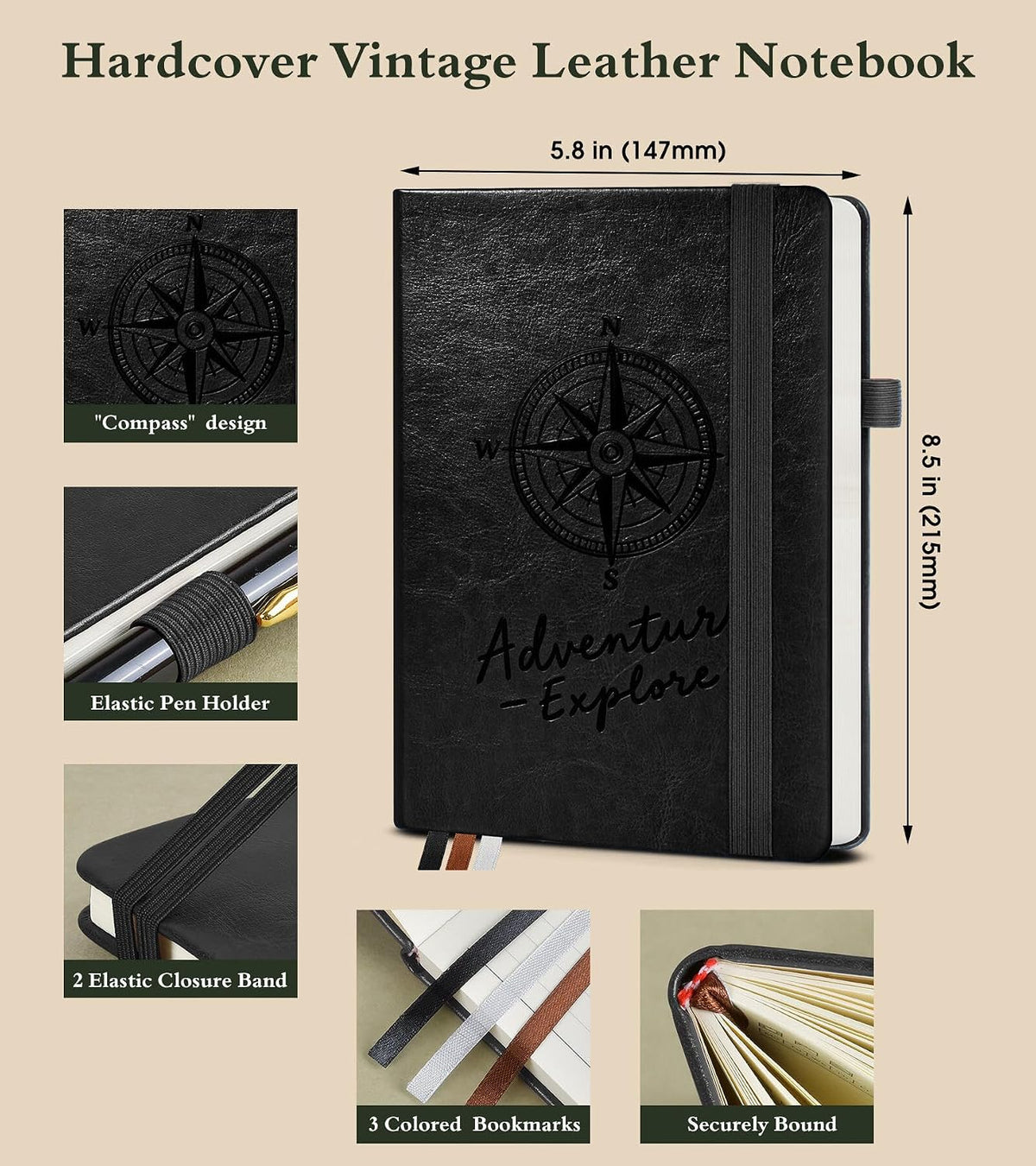 PAIBAS A5 Lined Journal, Leather Bound Notebook for Work & Travel 5.8"×8.5"
