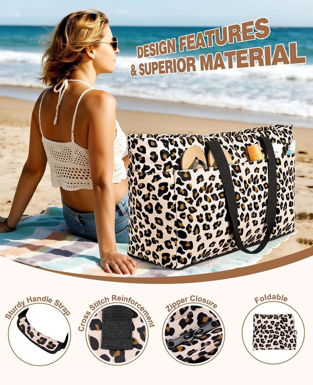 ISEYOU Beach Bag with Cooler, 49L Large Waterproof Sandproof Tote with Zipper, Foldable Travel Bag for Beach, Pool, Picnic