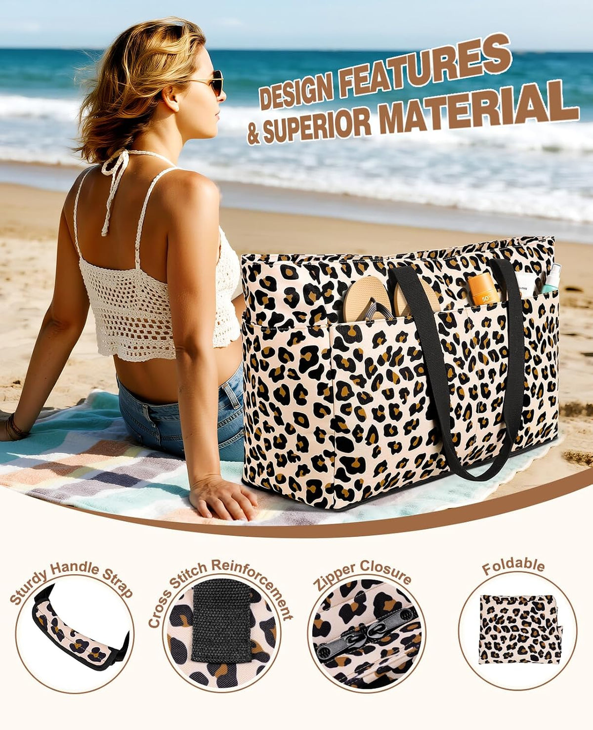 ISEYOU Beach Bag with Cooler, 49L Large Waterproof Sandproof Tote with Zipper, Foldable Travel Bag for Beach, Pool, Picnic