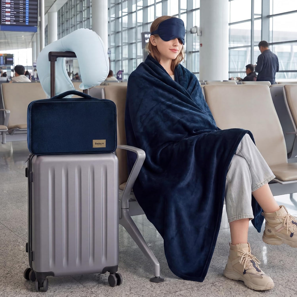 Bedsure Travel Blanket Set with Inflatable Neck Pillow and Eye Mask, Navy