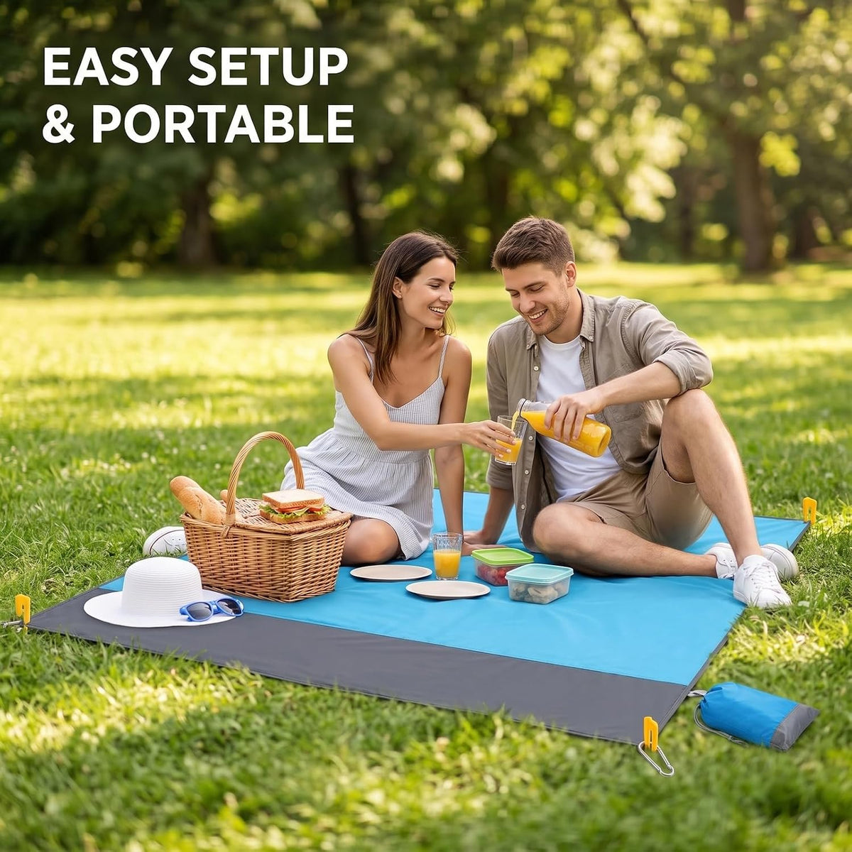 4-Piece Blue-Gray Color-Block Beach Blanket Waterproof Sandproof Set, Ripstop Polyester Mat with Stakes Carabiner, Lightweight Portable Outdoor Picnic Mat, Windproof Camping Essentials