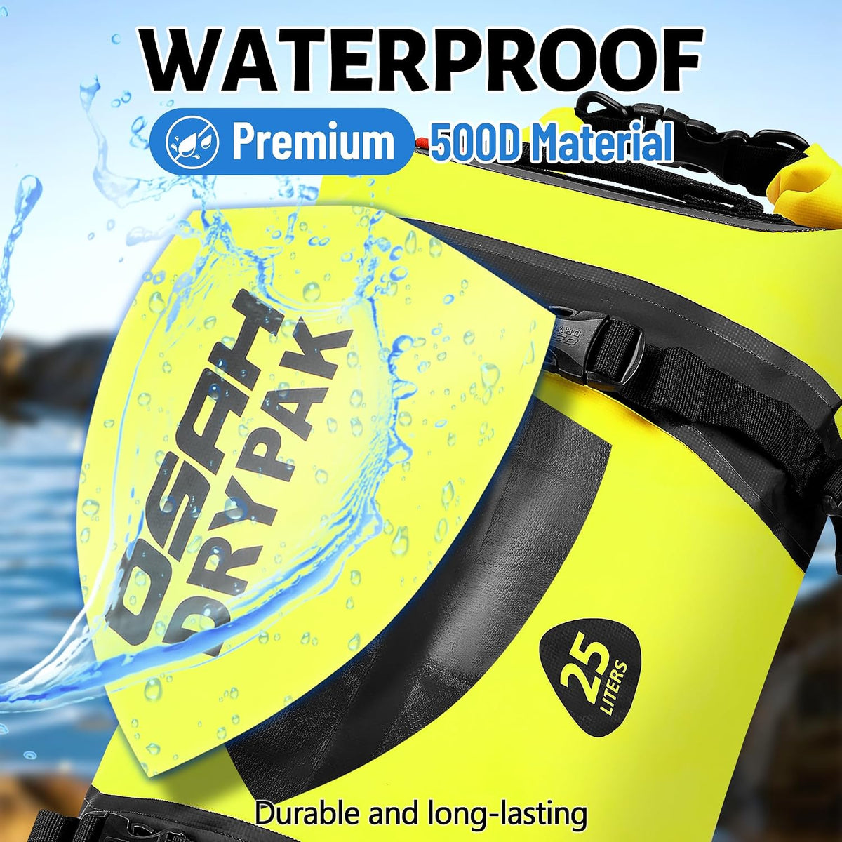 OSAH DRYPAK 25L Waterproof Dry Bag - Motorcycle Luggage Tail Bag with Straps for Back Seat, Roll Top Lightweight Waterproof Backpack Sack for Travel, Swimming, Boating, Kayaking, Camping and Beach