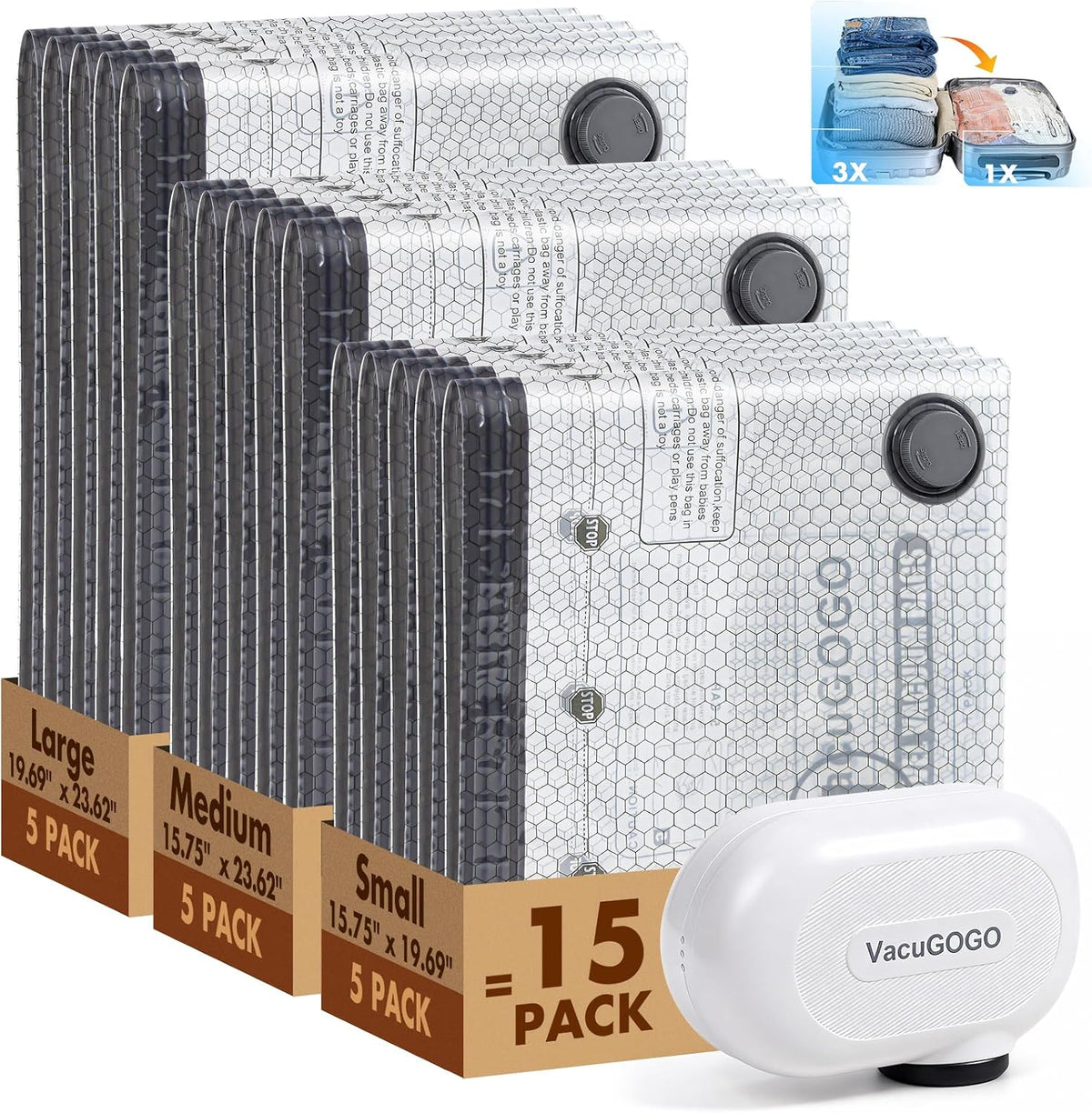 Vacuum Bags for Travel with Rechargeable Pump, 15 Pack Compression Packing Bags with 35KPA Electric Pump, 80% Space Saver for Clothes, Vacuum Seal Bags fo Carry-on Luggage Suitcase