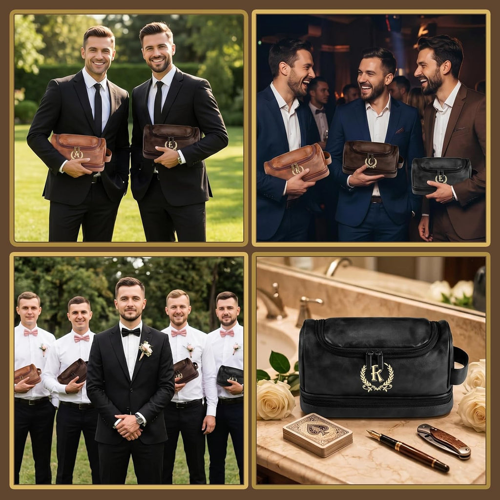 Personalized Gifts Toiletry Bag for Men Custom Mens Toiletry Travel Bag Initial Leather Toiletries Mens Gifts for Birthday Christmas Dad Husband Groomsmen Boyfriend - Brown F
