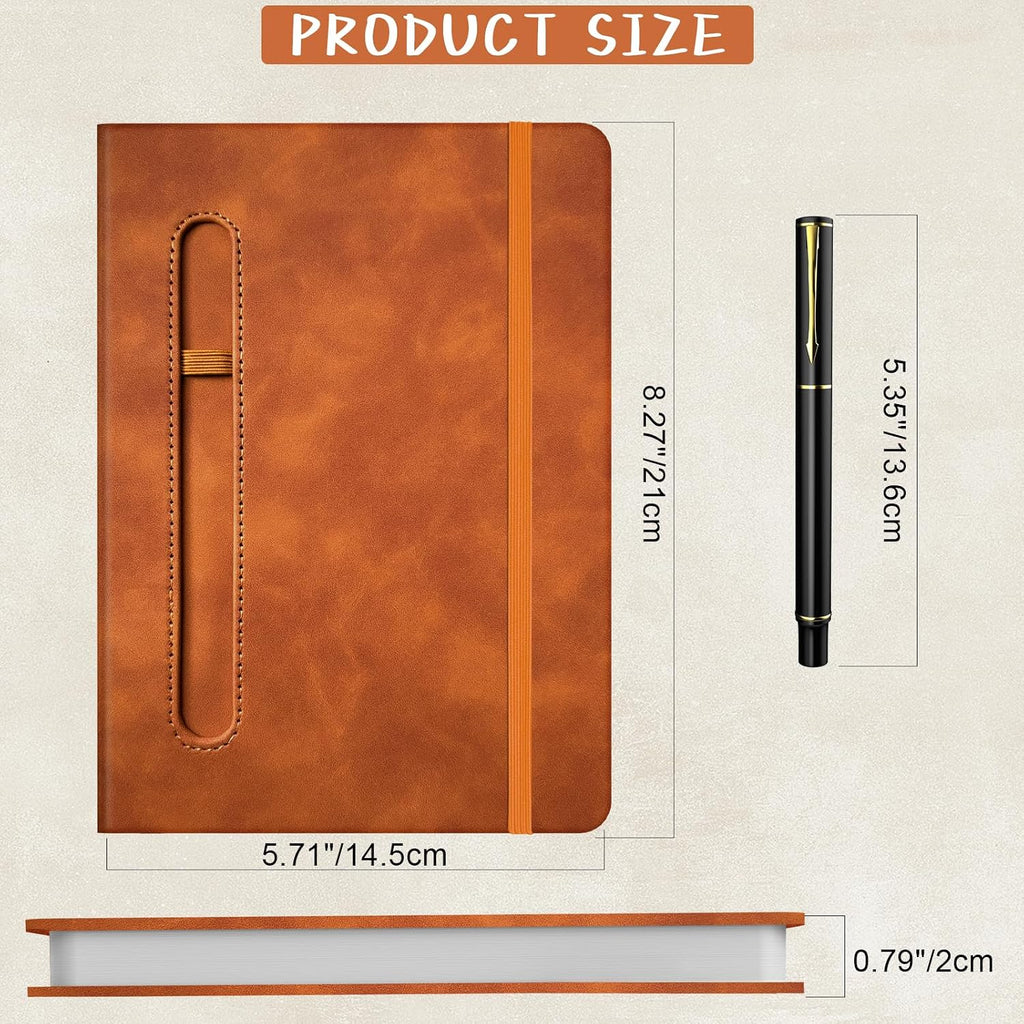 A5 Leather Notebook with Pen and Pen Holder, 224 Pages 100 GSM Thick Lined Paper Hardcover Journal for Men Women, College Ruled Daily Diary for Work Business School Travel- Brown