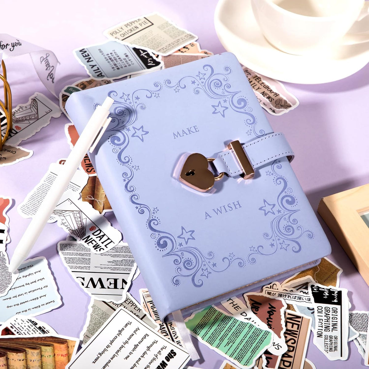 CAGIE Diary with Lock for Girls with Pen Heart Shaped Lock Diary with 2 Keys Golden Edge Lock Journal for Girls Women 290 Pages Journal with Lock for Writing, Travel, 5.3 x 7.1 inches, Vintage Purple