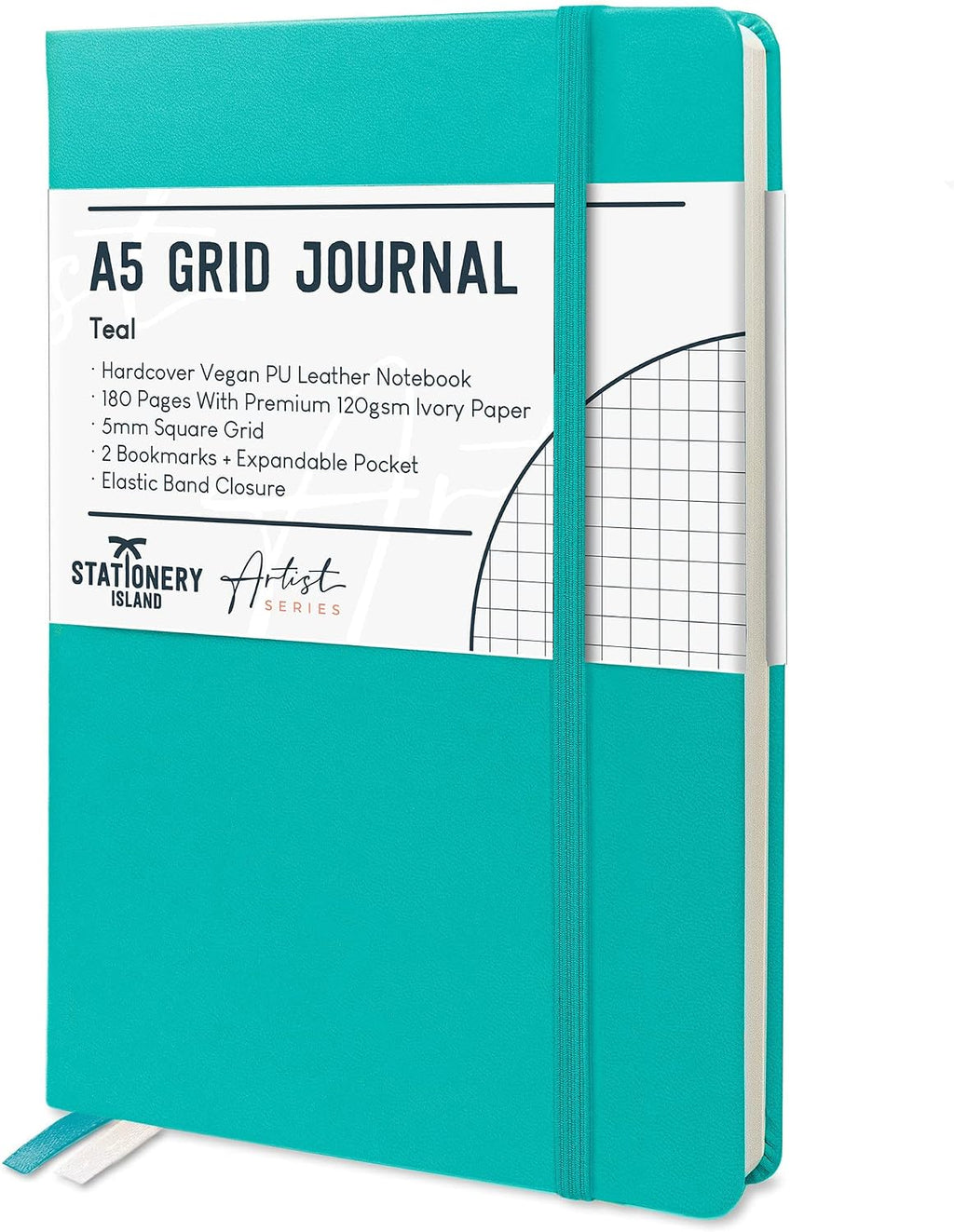 STATIONERY ISLAND Graph Paper Notebook, A5 Hardcover Grid Notebook with 120gsm Thick Paper, 180 Pages Square Grid Journal, Teal