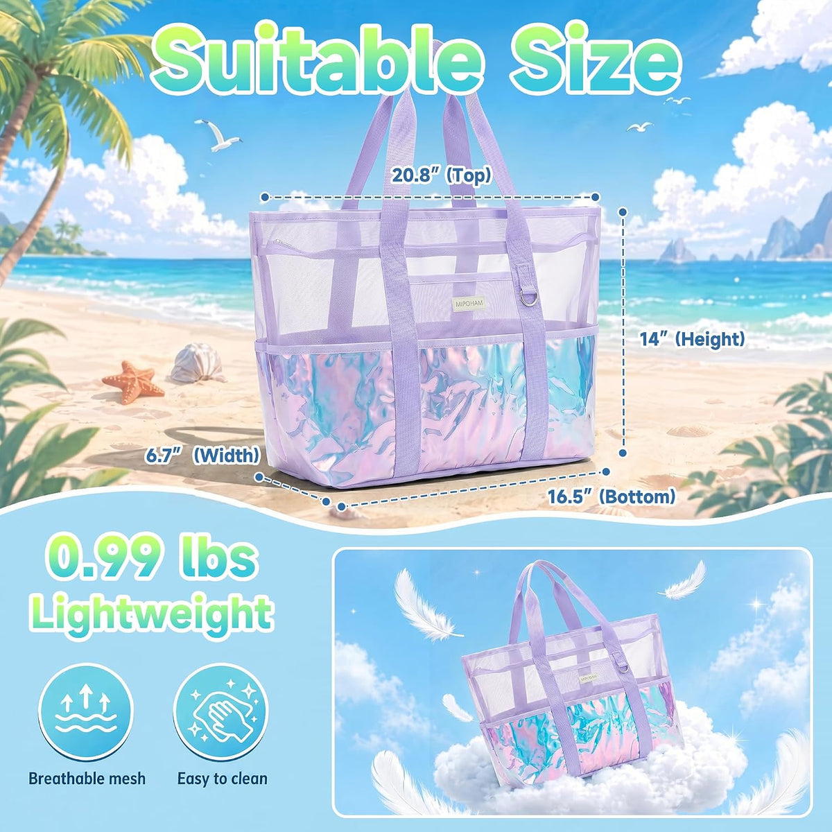 Iridescent Mesh Beach Bag with Zipper, 14 Pockets Large Beach Tote Bag