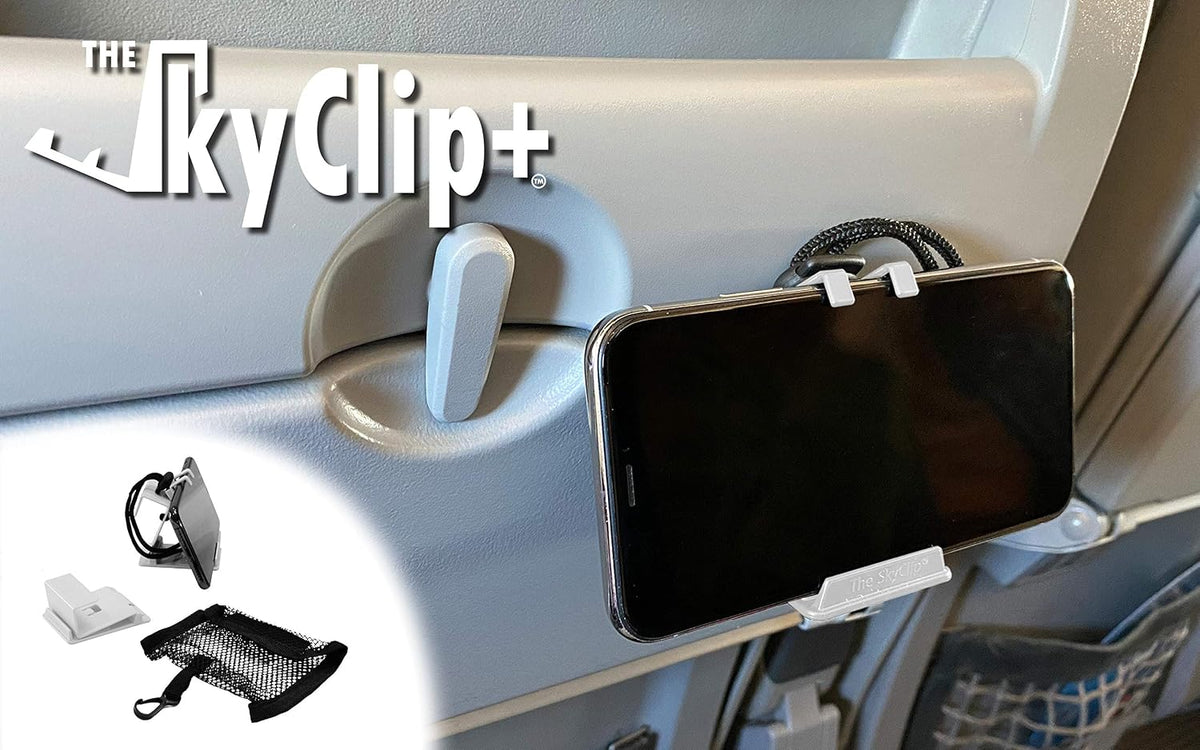 The SkyClip+ Phone & Tablet Holder for Air Travel, Home and Office Use - Inflight Phone Mount & Stand Compatible with iPhone, Android, Kindle and Tablets - Ultimate Travel Accessory (White)