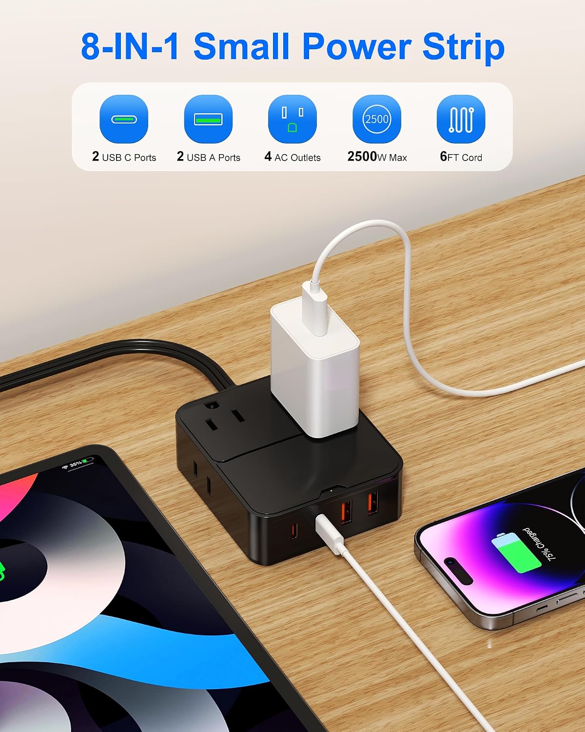 Flat Plug Power Strip with USB Ports - 4 AC & 4 USB Ports (20W), 6Ft Extension Cord with Multiple Outlets, Fast USB Charging Station for Travel Office Dorm Room (Black)
