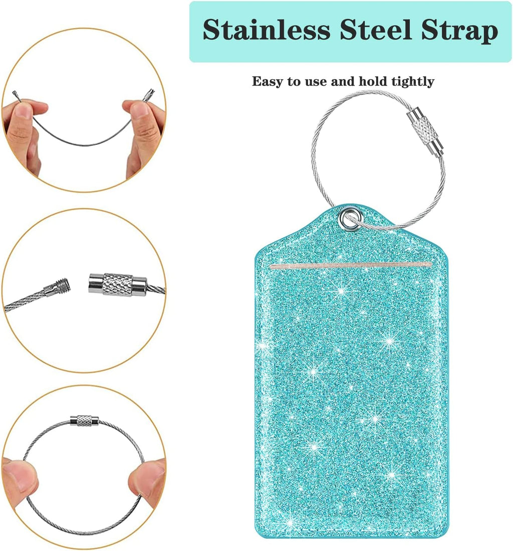 (2 Pack) Luggage Tags Glitter Leather Suitcase Tags Bag Bling Travel Tag