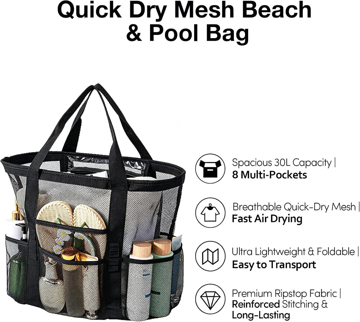 KELMALL XL Mesh Beach Tote, Sandproof Quick Dry Pool Vacation Bag