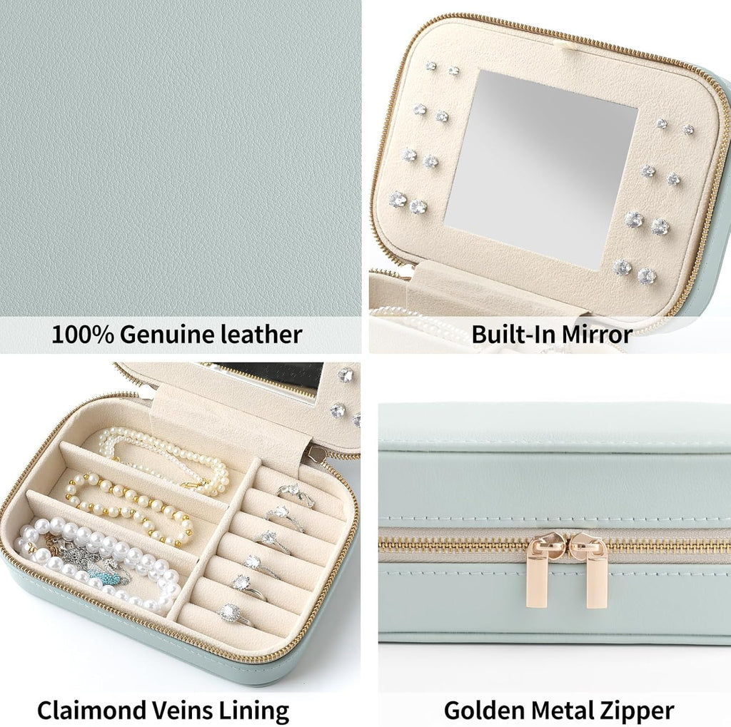 Genuine Leather Travel Jewelry Organizer Case with Mirror for Women, Small Mini Portable Jewelry Box for Ring Earrings Necklace Bracelet Luxury Gift for Women（Beige）