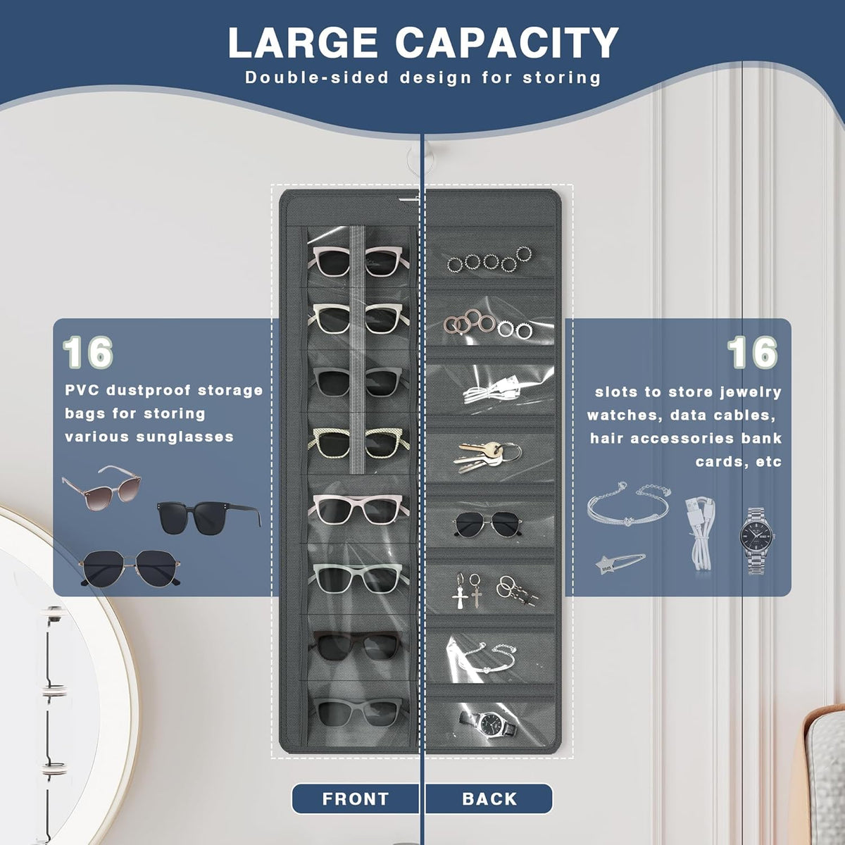 Hanging Sunglasses Organizer and Storage, 32 Slots Jewelry Holder, Gray