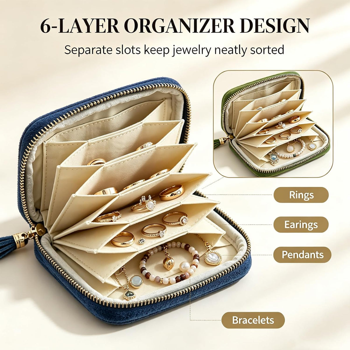 Travel Jewelry Pouch, Compact Zipper Jewelry Case Bags (Grass Green)