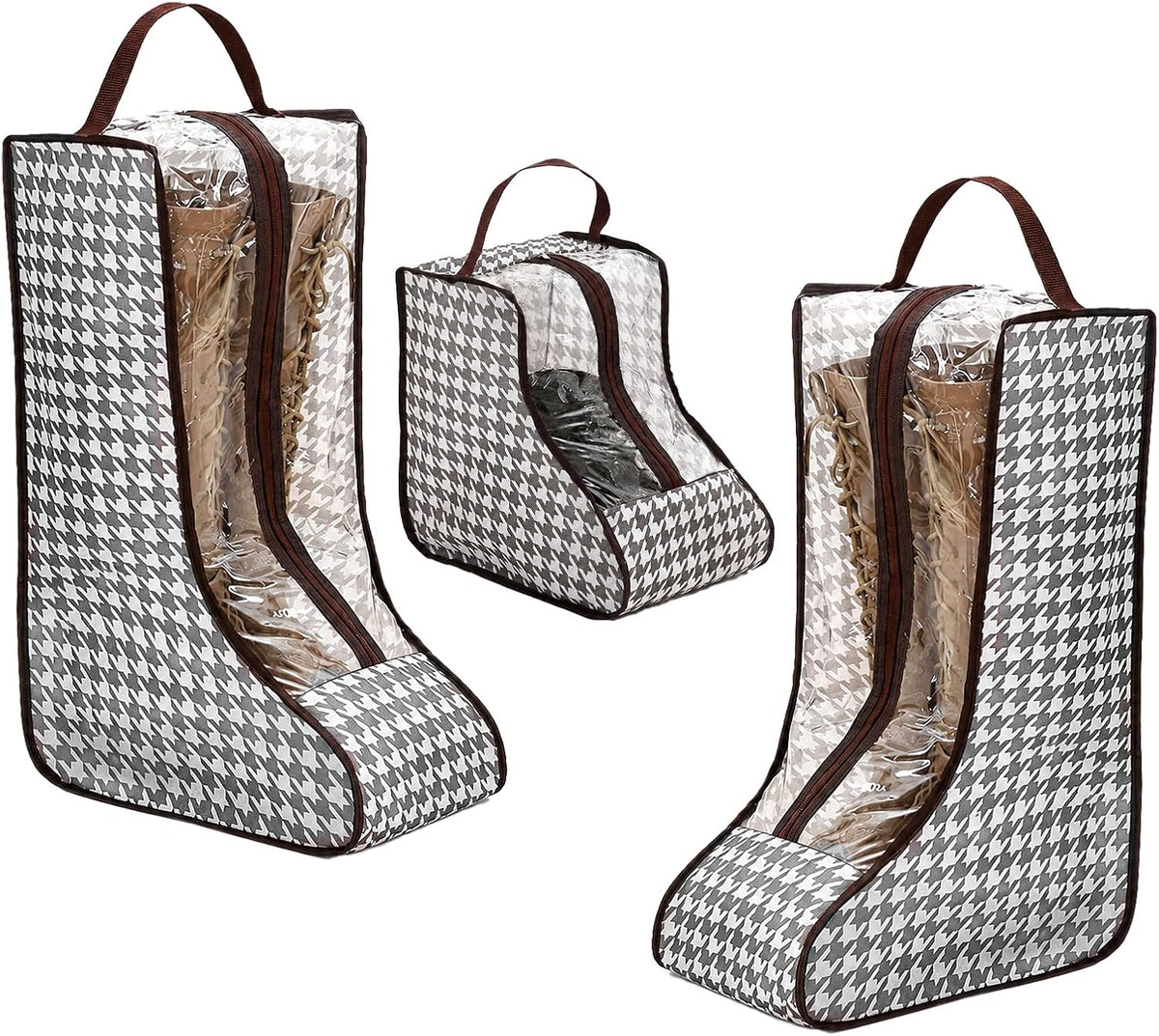 Tall Boot Storage Bag Organizer for Closet and Travel, Portable Dustproof Bags for Cowboy (3 Pcs Grey Houndstooth Short & Long Boot)