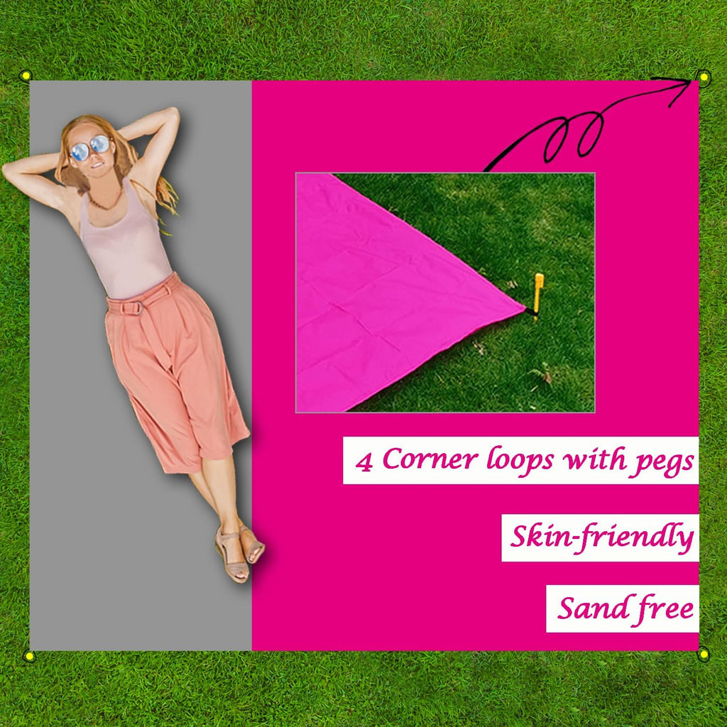 Outdoor Pocket Blanket Extra Large Beach Blanket Sandproof 82″x 78″for 4-6 Adults Compact Foldable Quick Drying Lightweight Picnic Blankets Waterproof with 4 Stakes & Bag (Pink+Grey)