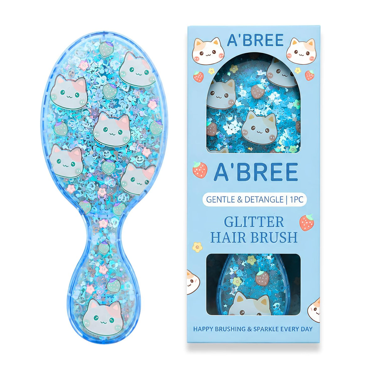 A'BREE Mini Glitter Detangling Hair Brush for Kids Girls Women – Gentle Wet and Dry Hairbrush, Travel Sized Tangle Free Knot Tamer for Toddler, Adorable Character Glitter Design (Ocean Blue)