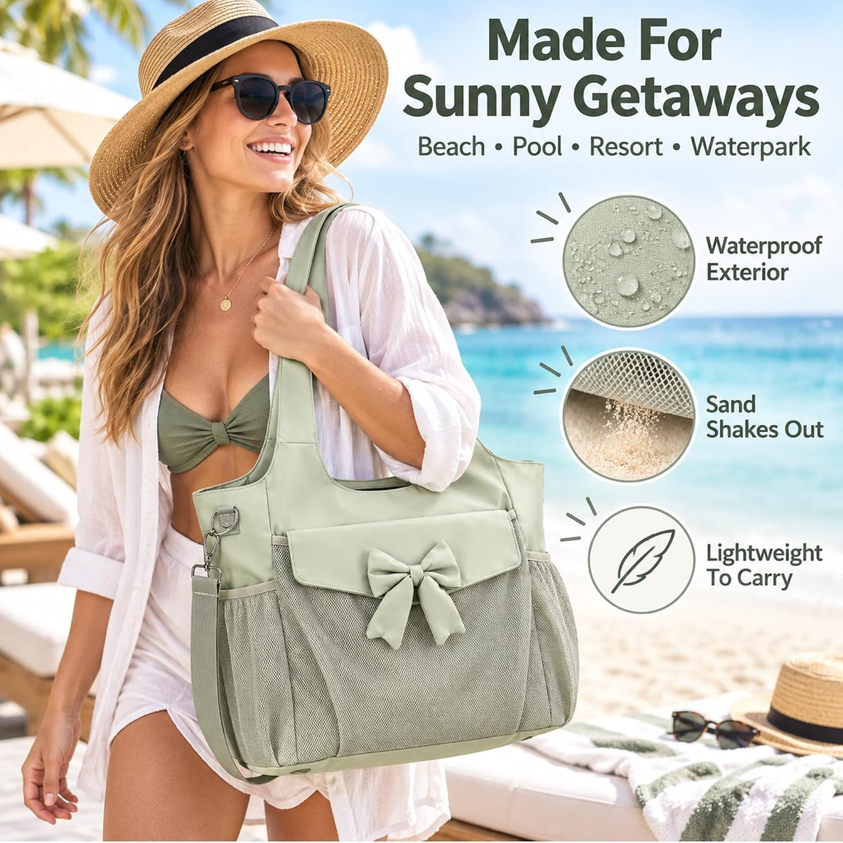 LEDAOU Beach Tote Bag for Women, Waterproof Sandproof Pool and Travel Bag