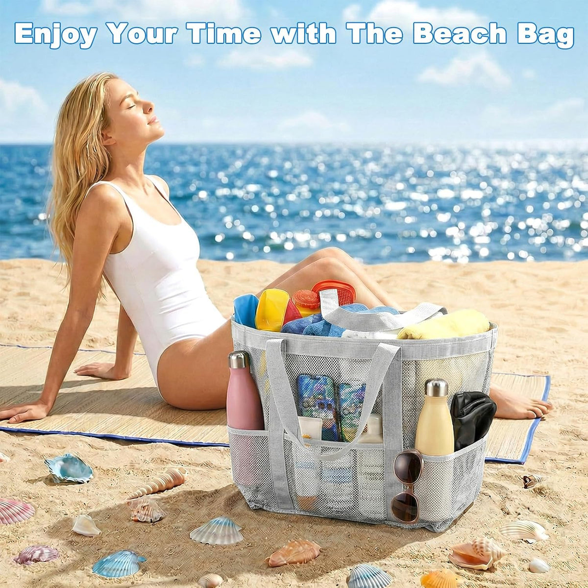 Large Beach Bag for Women, Mesh Beach Tote with Waterproof Pocket, Quick Dry Swim Tote Bag for Family Travel Vacation