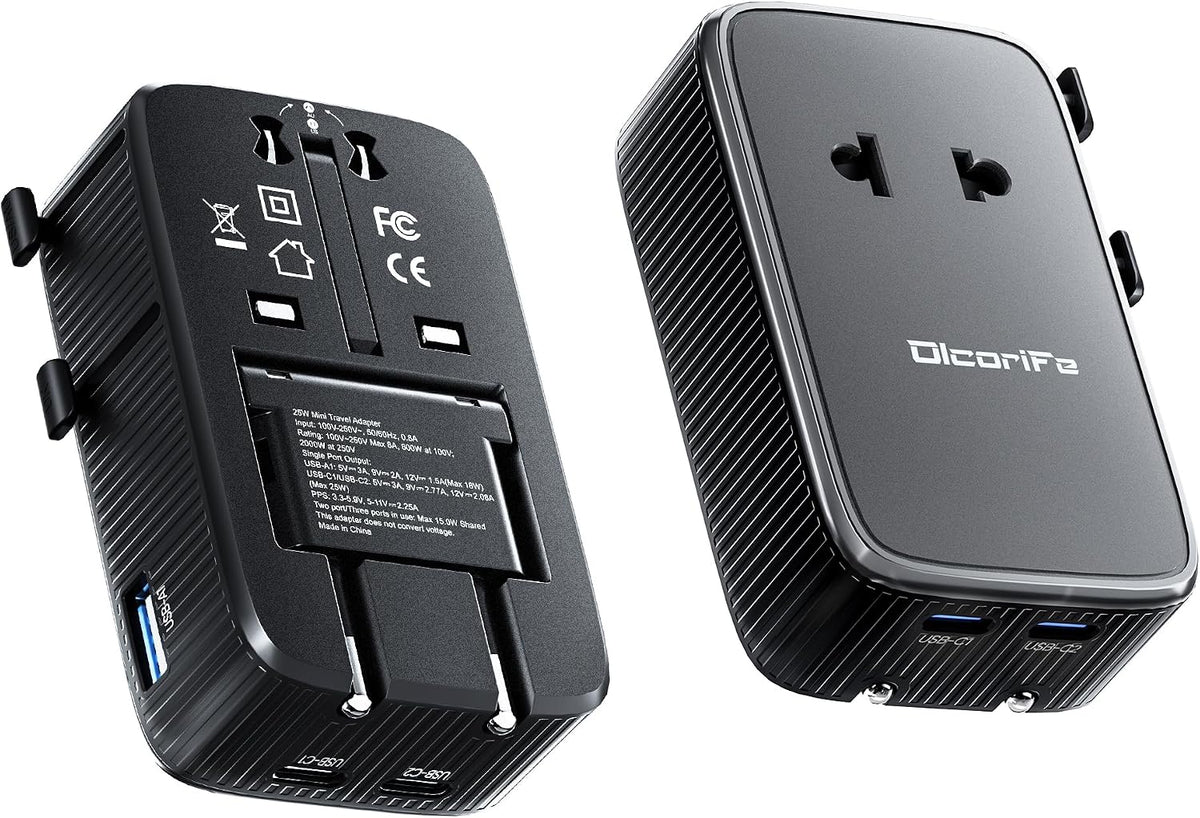 Olcorife Universal Travel Adapter PD25W, European Travel Plug Adapter with 3 USB, International Plug Adapter for US to EU UK AUS (Type-C/G/A/I), Black