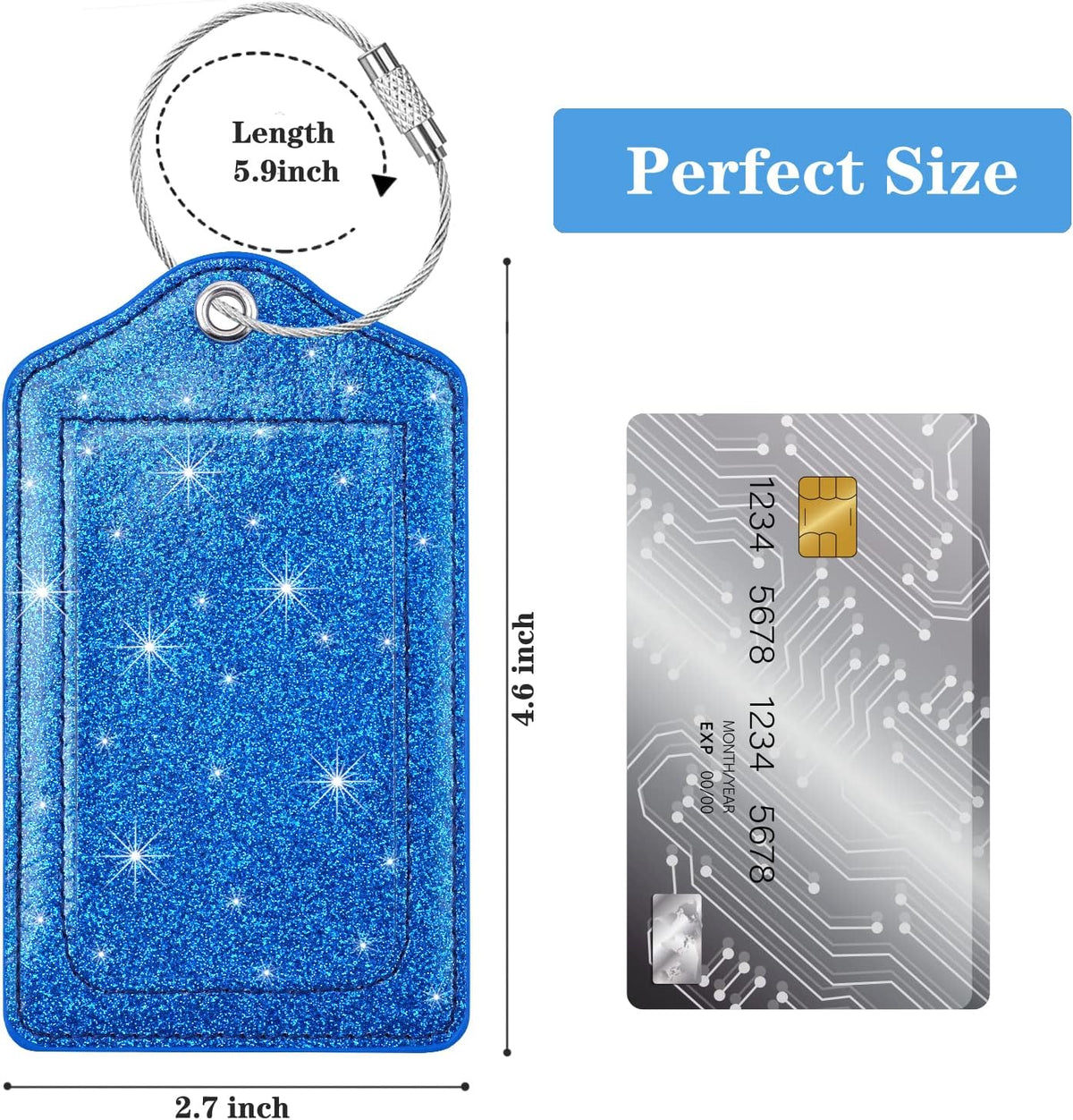 (Set of 2) Luggage Tag Leather Privacy Cover ID Label Address Card with Stainless Steel Loop, Travel Bag Tags Suitcase Labels, Glitter Dark Blue