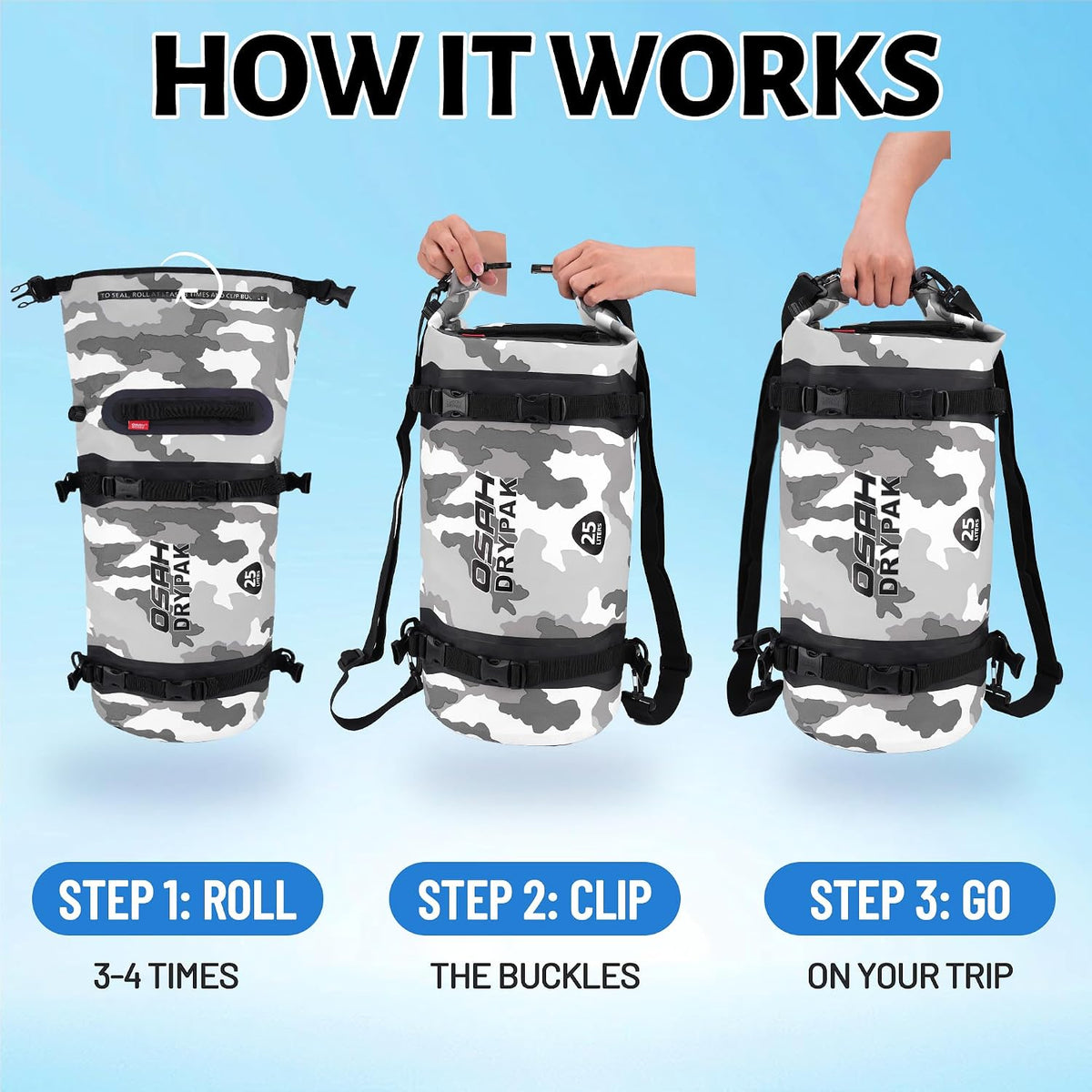 OSAH DRYPAK 25L Waterproof Dry Bag - Motorcycle Luggage Tail Bag with Straps for Back Seat, Roll Top Lightweight Waterproof Backpack Sack for Travel, Swimming, Boating, Kayaking, Camping and Beach