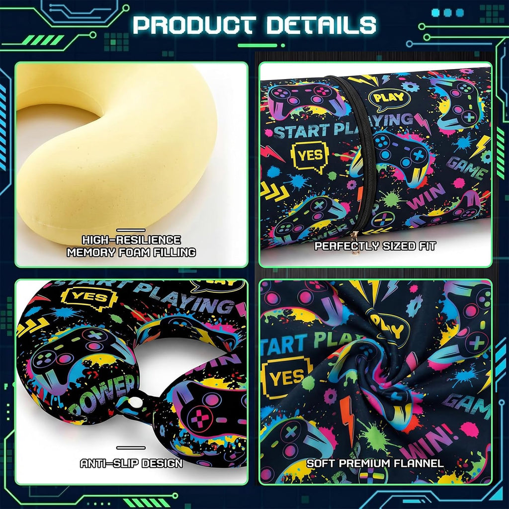 Moukeren 4 Pcs Video Game Travel Pillow and Blanket Set for Kids, Black