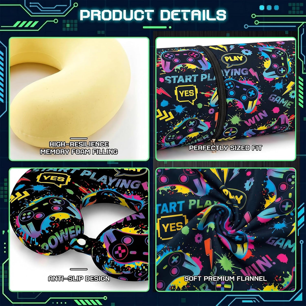 Moukeren 4 Pcs Video Game Travel Pillow and Blanket Set for Kids, Black