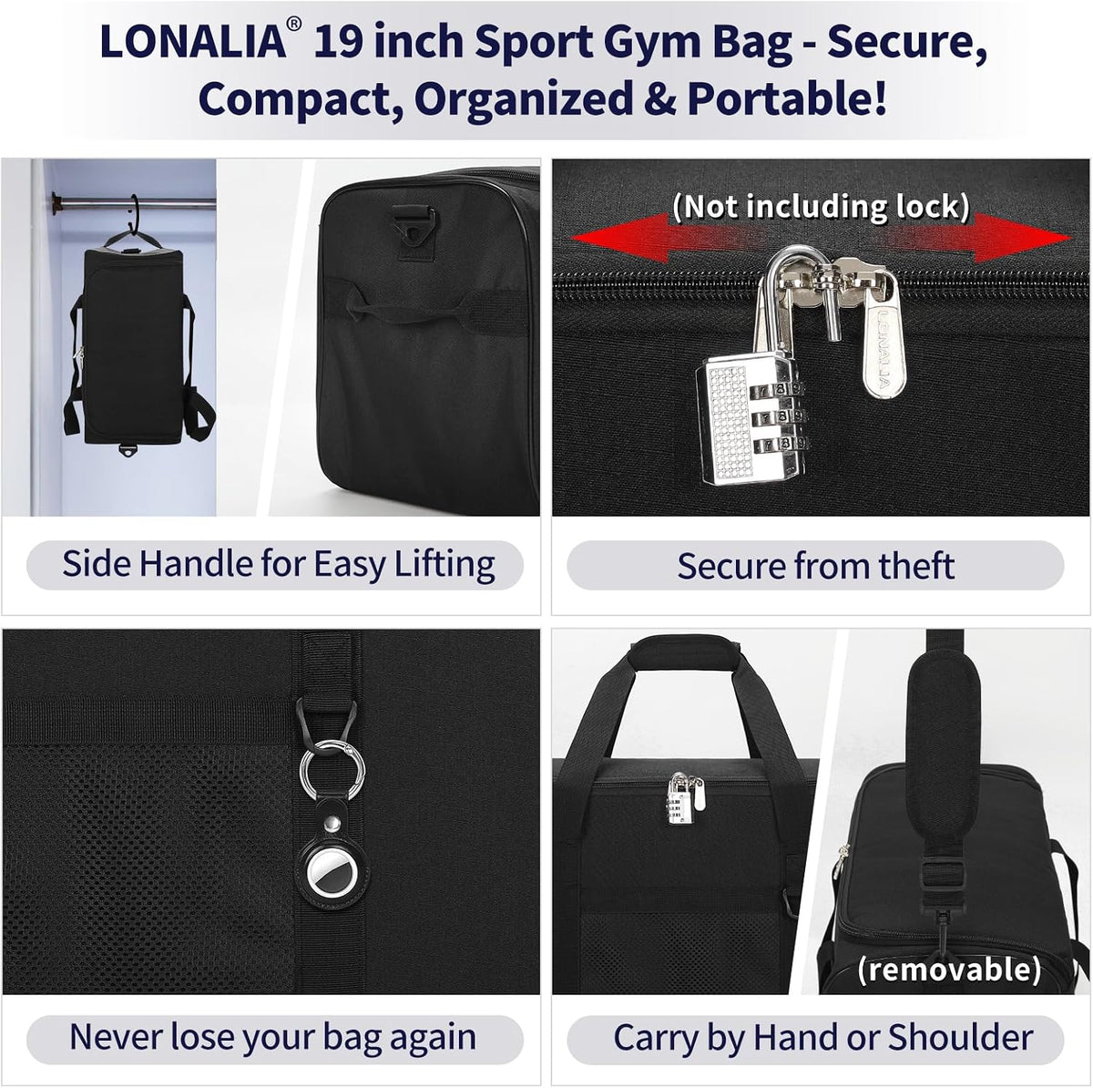 36L Sports Gym Duffle Bag for Men, 19 Inch, Black