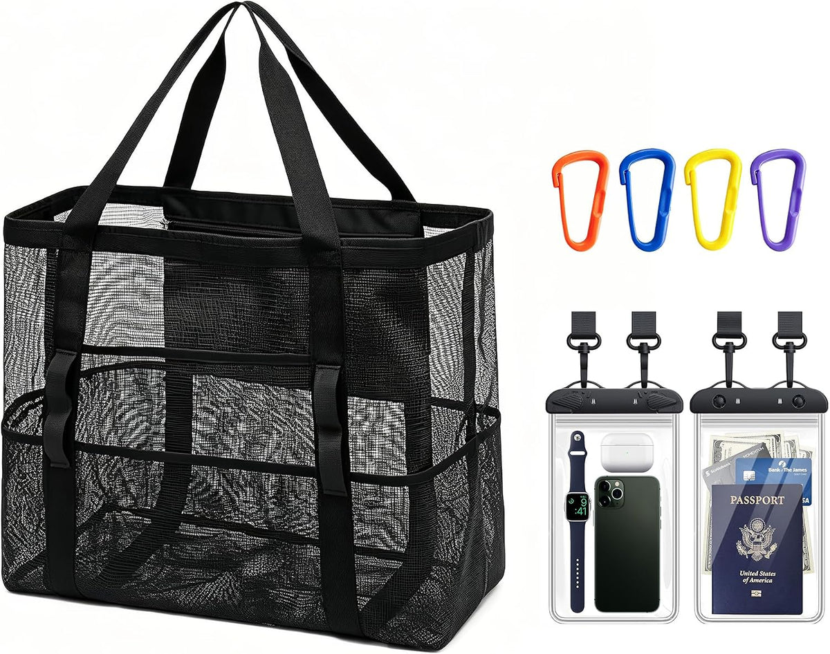Amamlety Mesh Beach Bag with 2 Pack Large Waterproof Phone Pouch Set, foldable Tote Bag with Multiple Pockets,Universal Dry Bag,Pool Toys Cruise Travel Vacation Essentials for Family Summer 4 Keychain