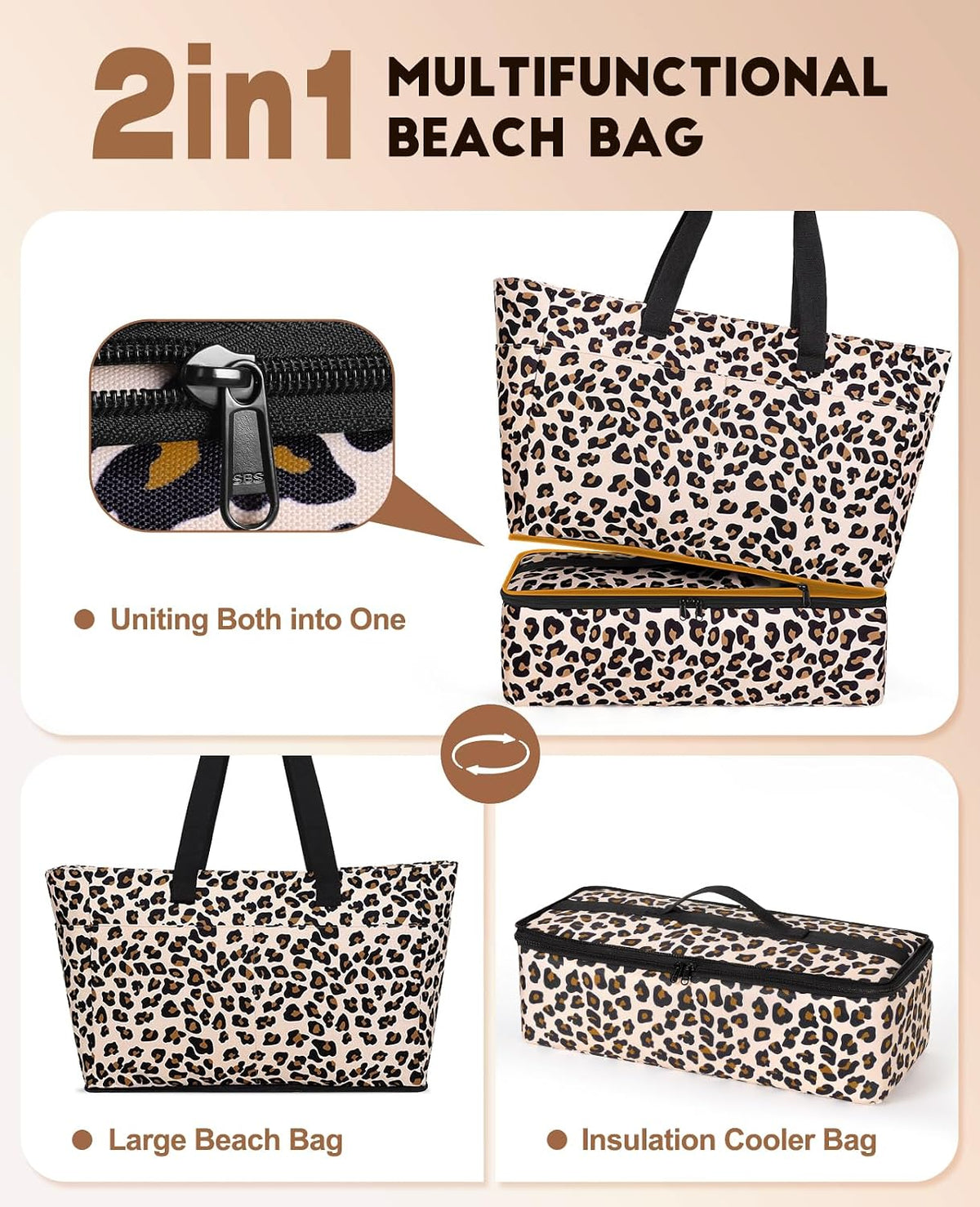 ISEYOU Beach Bag with Cooler, 49L Large Waterproof Sandproof Tote with Zipper, Foldable Travel Bag for Beach, Pool, Picnic