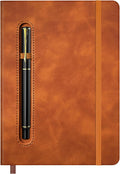 A5 Leather Notebook with Pen and Pen Holder, 224 Pages 100 GSM Thick Lined Paper Hardcover Journal for Men Women, College Ruled Daily Diary for Work Business School Travel- Brown
