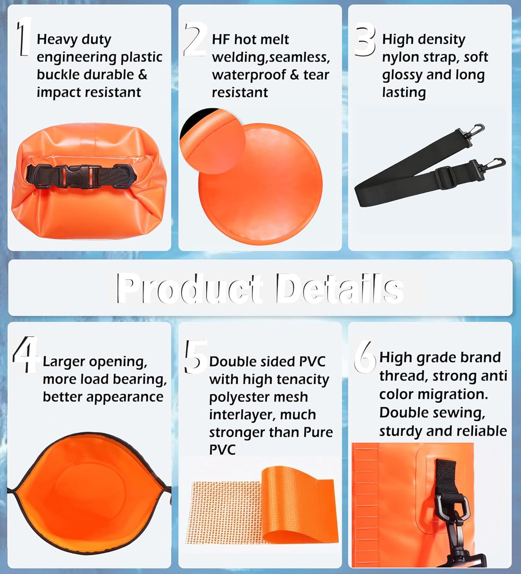 Soulsfeng Waterproof Dry Bag Backpack, Roll Top Floating Dry Storage Bag with Phone Case, Lightweight Dry Sack for Kayaking, Boating, Beach, Travel, Camping 20L, Orange
