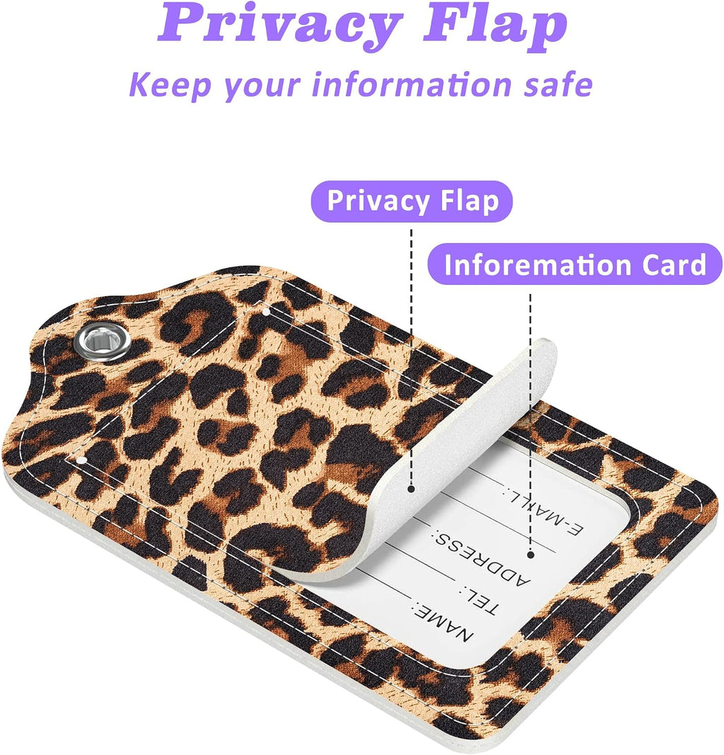 Set of 2 Luggage Tags Brown Leopard Texture Leather Suitcases Tag with Privacy Cover Stainless Steel Loop and Address Card for Women Men Travel